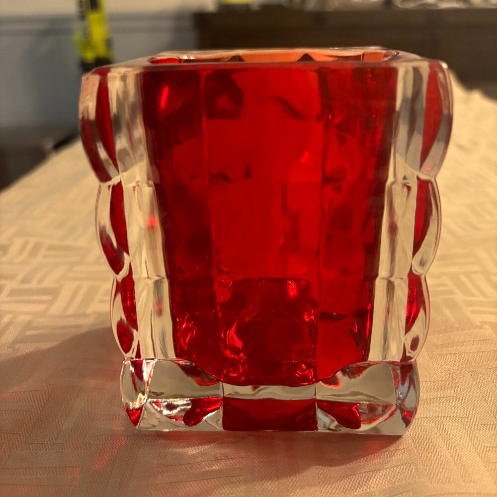 Red Thick Optical Glass Candle Holder - Heavy!